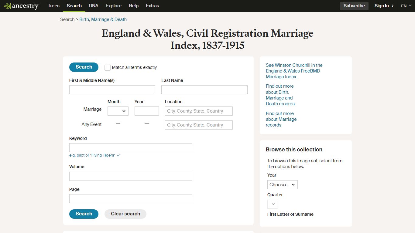 England & Wales, Civil Registration Marriage Index, 1837-1915